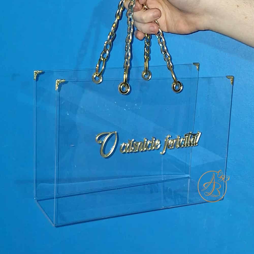Poseta, geanta mijlocie din plexiglass transparent cu maner auriu - imagine 10
