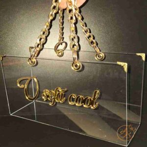Poseta, geanta mijlocie din plexiglass transparent cu maner auriu