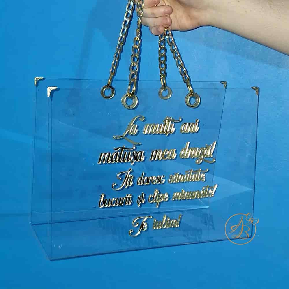 Poseta, geanta mare din plexiglass transparent cu text pe ambele parti - imagine 2