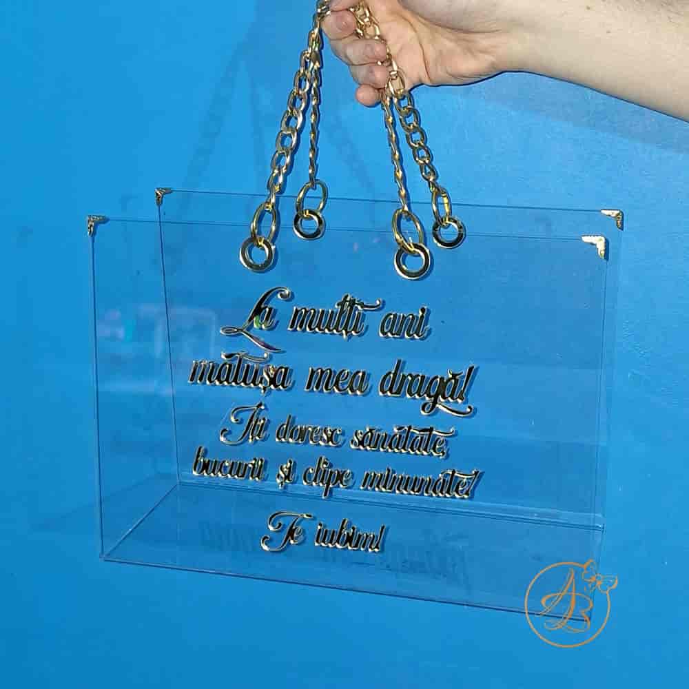 Poseta, geanta mare din plexiglass transparent cu text pe ambele parti - imagine 4