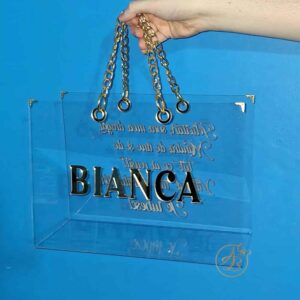 Poseta, geanta mare din plexiglass transparent cu text pe ambele parti