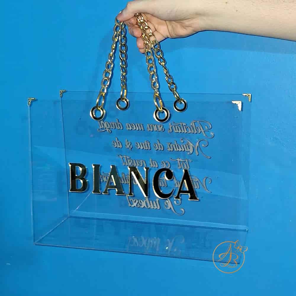 Poseta, geanta mare din plexiglass transparent cu text pe ambele parti