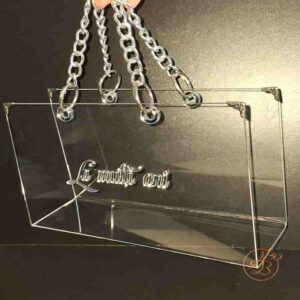 Poseta, geanta mijlocie din plexiglass transparent cu maner argintiu