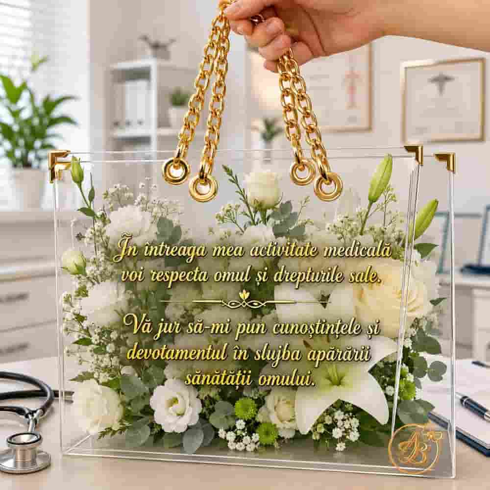 Poseta, geanta medie din plexiglass transparent cu maner argintiu, cu text juramant - imagine 7