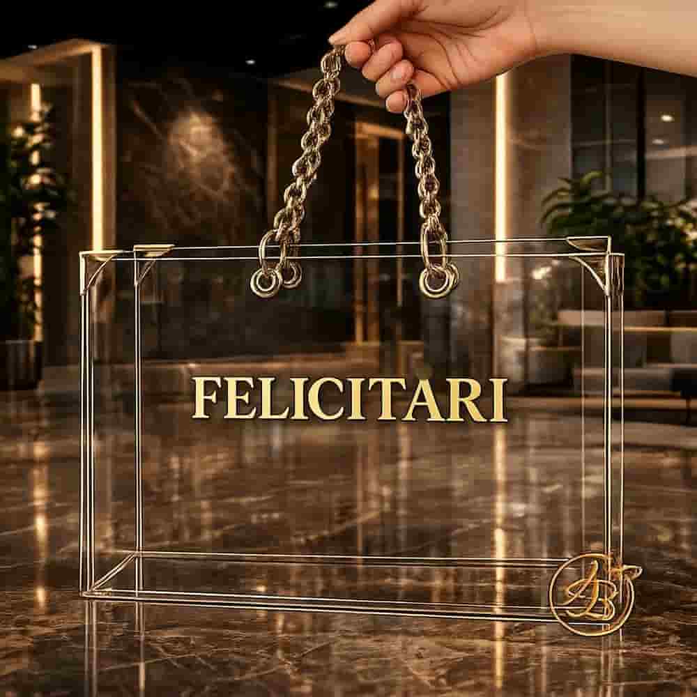 Poseta, geanta medie din plexiglass transparent cu maner argintiu, cu text juramant - imagine 3