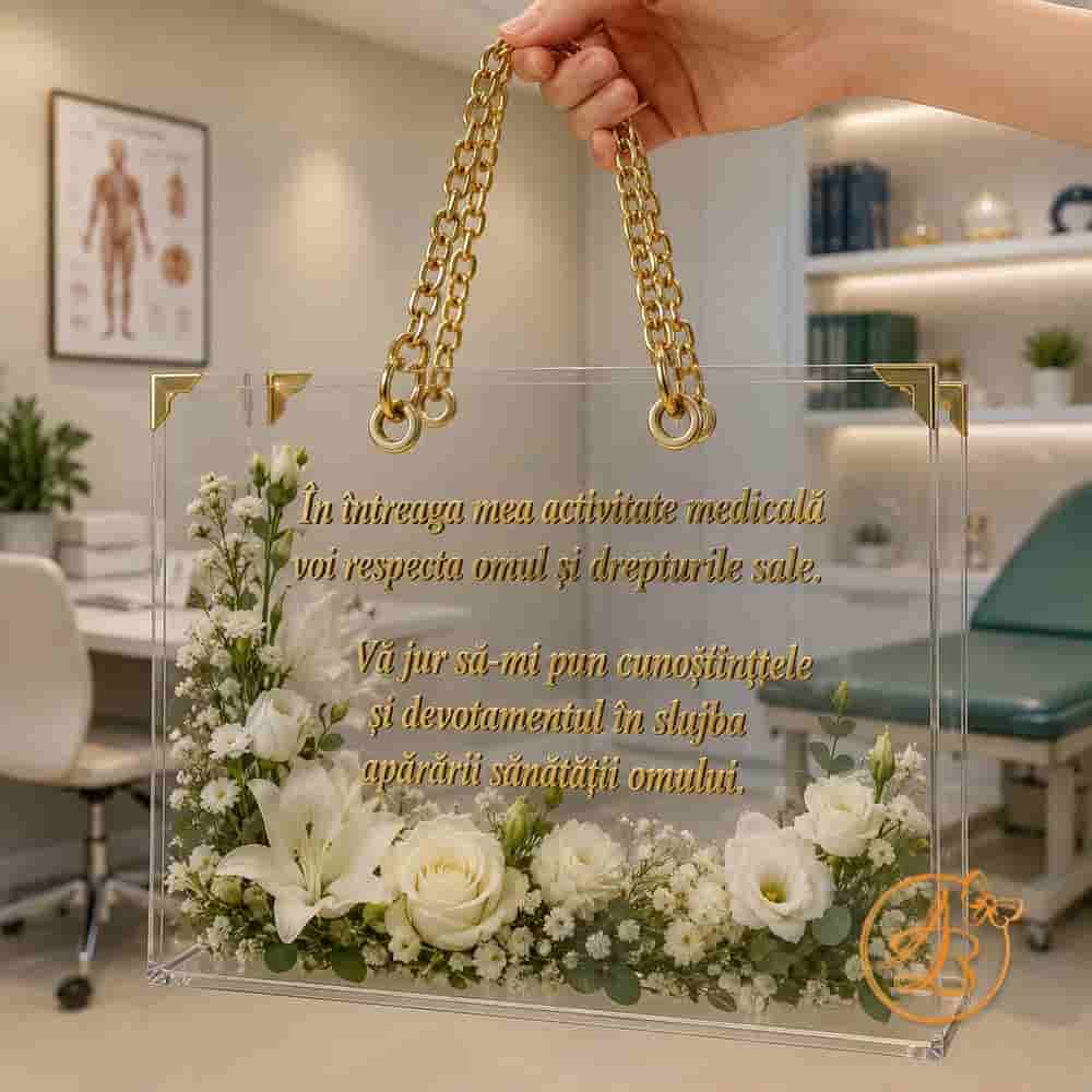 Poseta, geanta medie din plexiglass transparent cu maner argintiu, cu text juramant - imagine 6