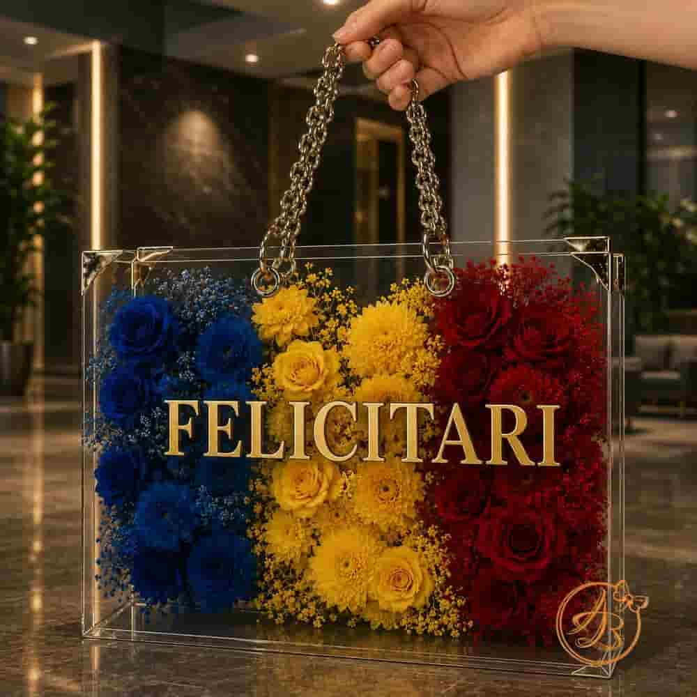 Poseta, geanta medie din plexiglass transparent cu maner argintiu, cu text juramant - imagine 2