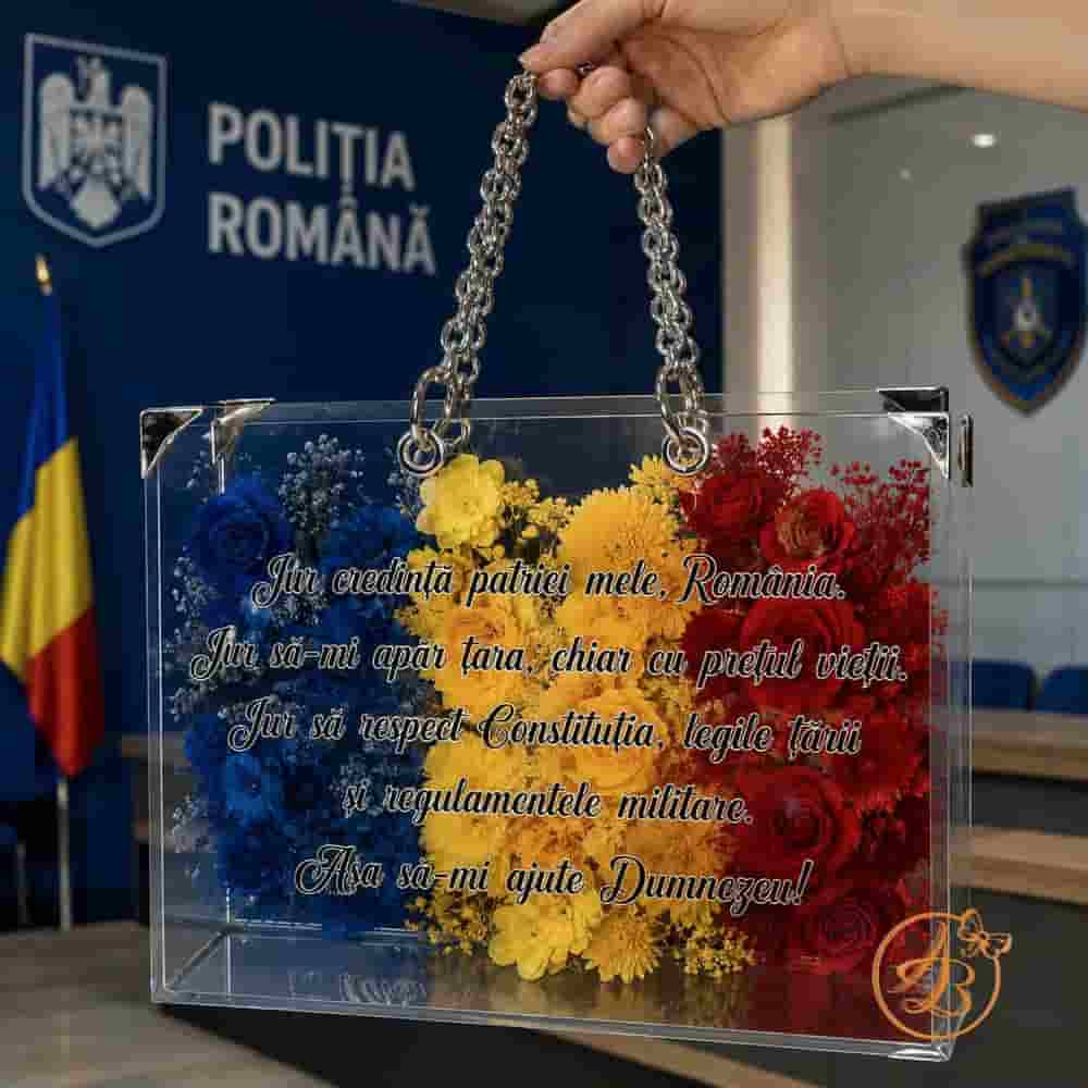 Poseta, geanta medie din plexiglass transparent cu maner argintiu, cu text juramant - imagine 5