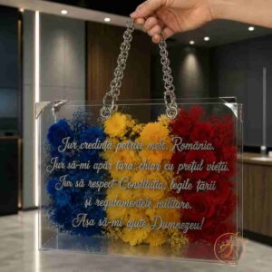 Poseta, geanta medie din plexiglass transparent cu maner argintiu, cu text juramant