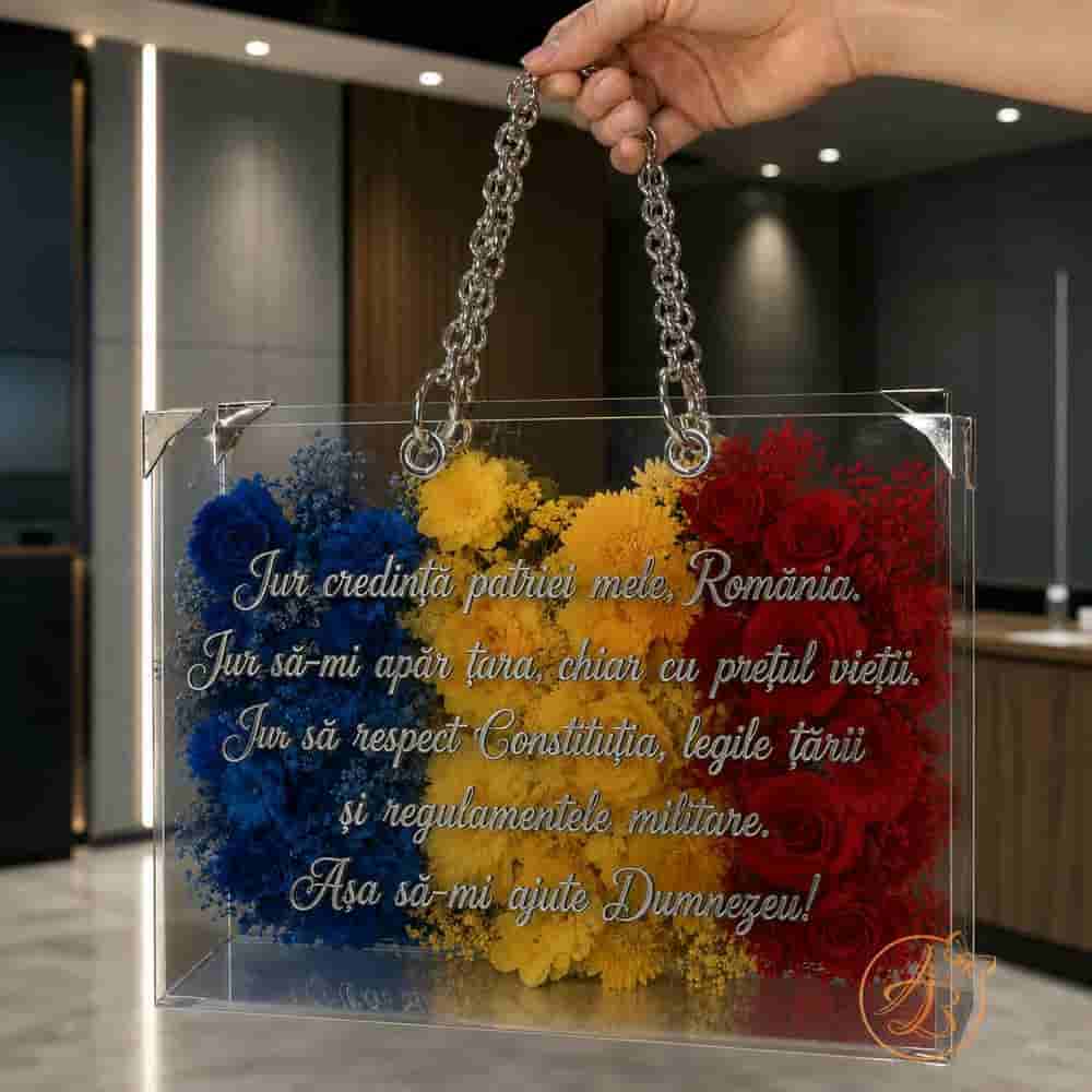 Poseta, geanta medie din plexiglass transparent cu maner argintiu, cu text juramant