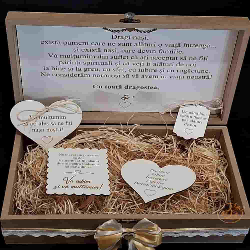 Cutie natur, cadou de multumire pentru nasi, cu placute gravate - imagine 5