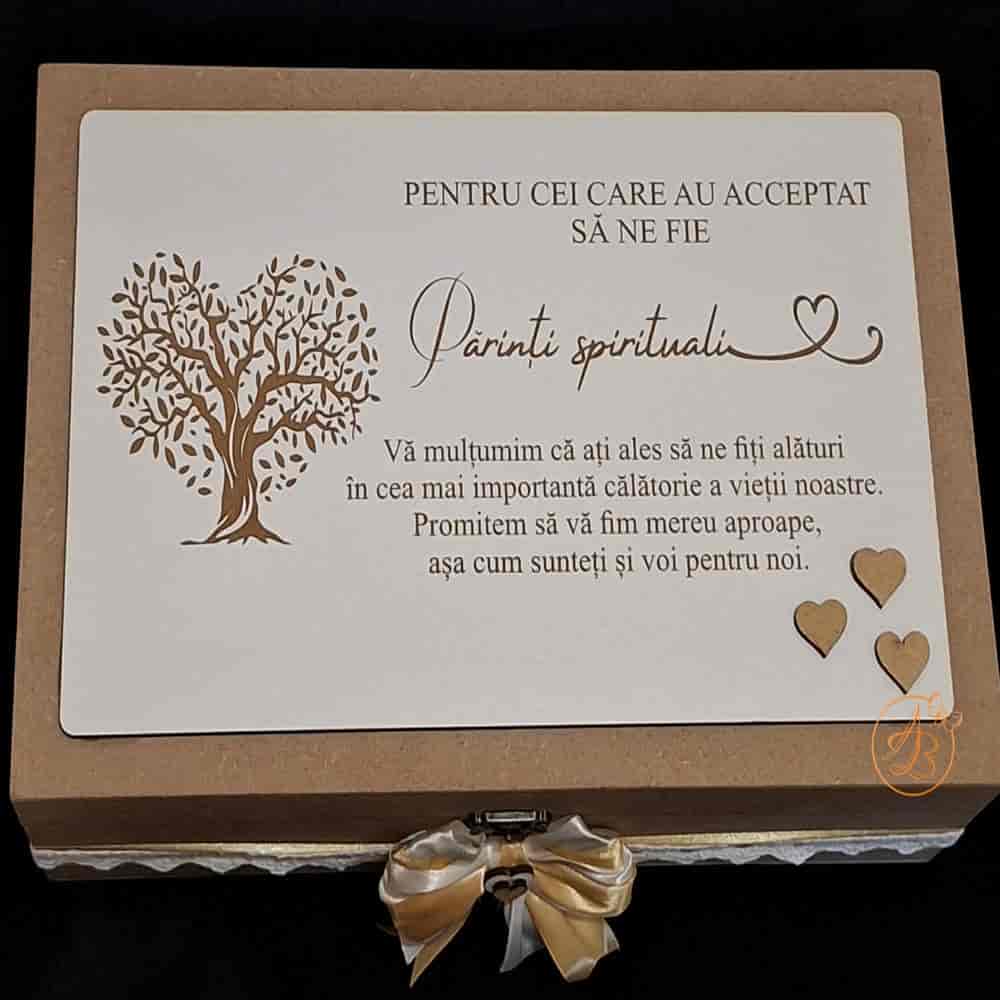 Cutie natur, cadou de multumire pentru nasi, cu placute gravate